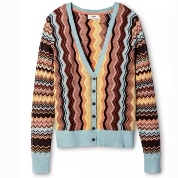 MISSONI V Neck Multicolor Zigzag Knit Cardigan Bohemian Sweater L Brown Teal - Picture 4 of 9